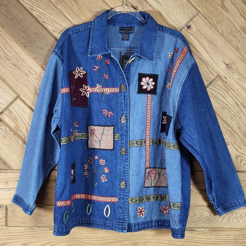 New Directions Plus Size 3X Embroidered Patchwork Denim Jacket Wooden Buttons